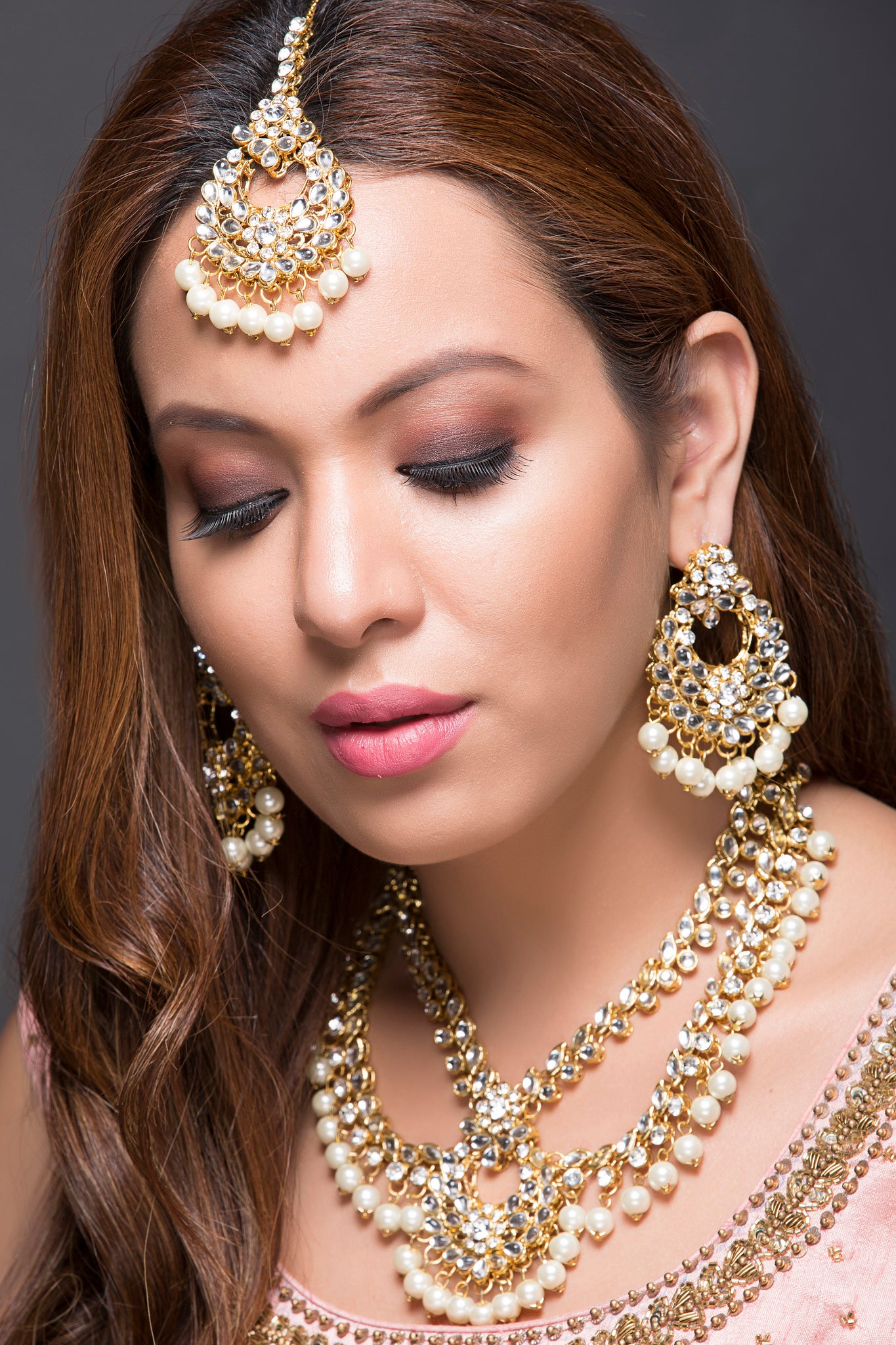 Pink Pearl Jadau Punjabi Earrings with Maang Tikka | FashionCrab.com | Pink  pearl, Bold statement jewelry, Pearl design